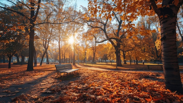 Experience the calm of a tranquil park with red benches and a lakes serene reflection in autumn AIG62