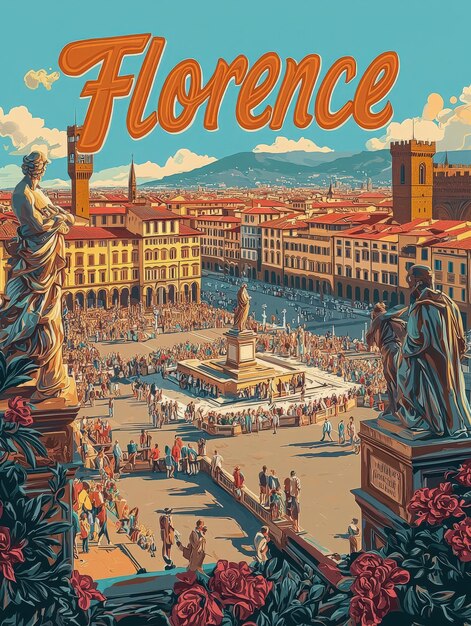 Photo experience the charm of florence where majestic statues and historic buildings surround a bustling square filled with visitors showcasing the citys rich cultural heritage and vibrant atmosphere