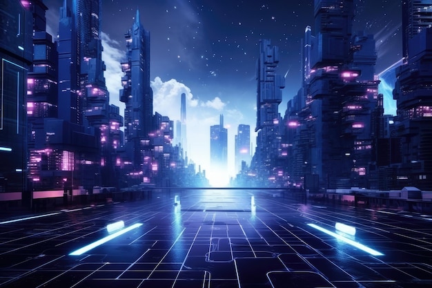 Experience the dazzling sight of a futuristic city at night its urban landscape aglow with vibrant neon lights Technofuturistic background in cyberpunk style AI Generated