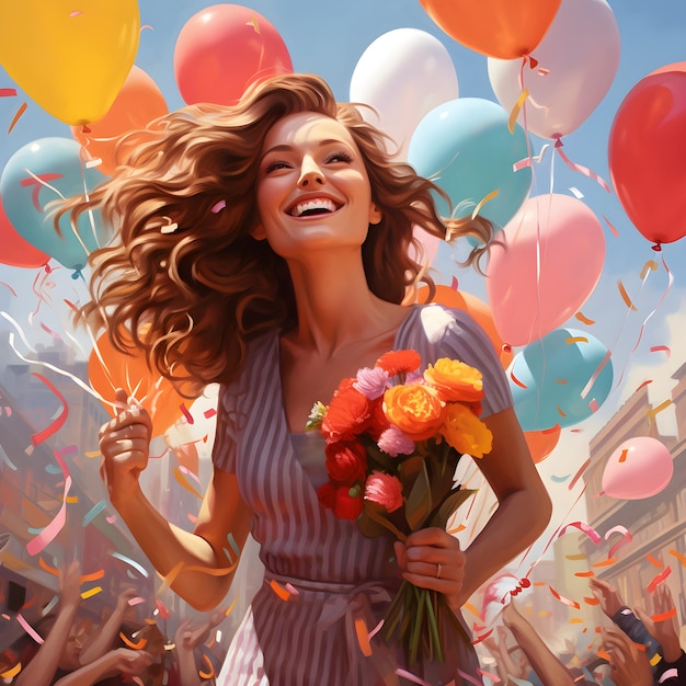 Experience the exuberance of Womens Day as a woman receives a bouquet of vibrant balloons beautifully depicted in photorealistic style infusing the occasion with joy color and festivity