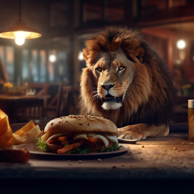 Experience the Intensity of Wild Hunger as a Ferocious Lion Eyes a Delicious Burger in a Bar Ready to Pounce and Devour Generative AI