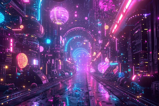 Experience the mesmerizing charm of a futuristic city adorned with an abundance of neon lights A binary universe of abstract shapes and neon lights AI Generated