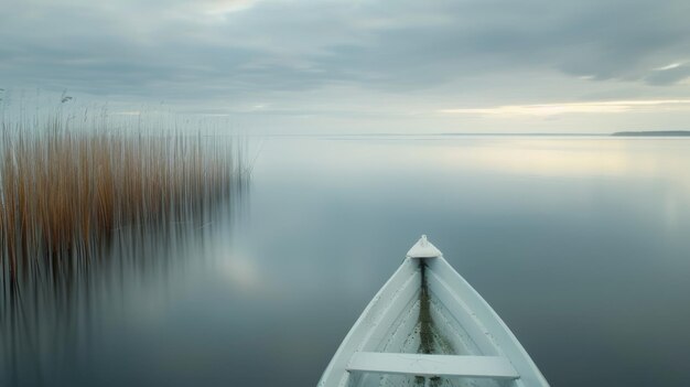 Photo experience a peaceful boat ride through a serene waterscape at dawn surrounded by ethereal beauty