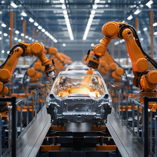 Experience the precision of automation as a hightech robot works on car assembly in a factory Discov