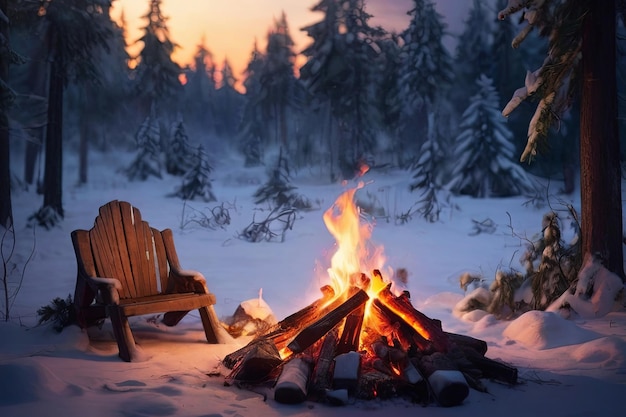 Experience the serene beauty of winter with our captivating image of a campfire in a snowkissed