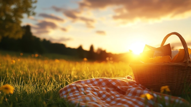 Photo experience a serene sunset picnic with cozy blankets a wicker basket and a vibrant grassy mea