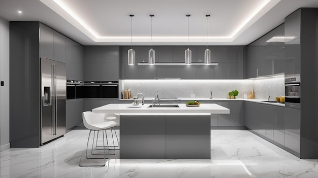 Experience sleek modern kitchen design with glossy surfaces in a chic gray and white color scheme