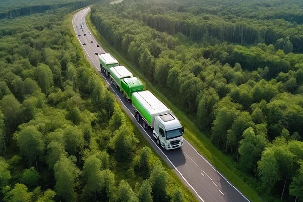 Experience sustainable transport in action Aerial view of hydrogen energy truck electric vehicle