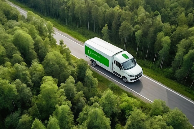 Experience sustainable transport in action Aerial view of hydrogen energy truck electric vehicle