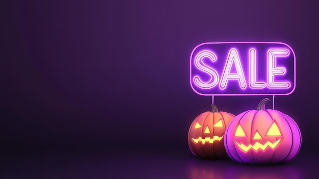 Experience the thrill of Halloween with a bright neon SALE sign glowing pumpkins