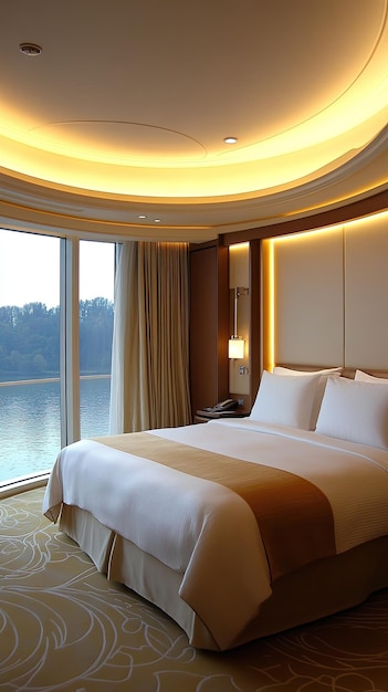 Photo experience the tranquility of a welldesigned luxury bedroom on a cruise featuring a panoramic window overlooking a stunning seaside landscape