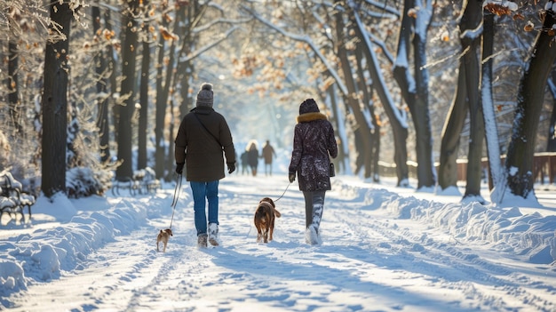 Photo experience the tranquility of a winter forest walk with dogs at sunset surrounded by snowy scenery aig62