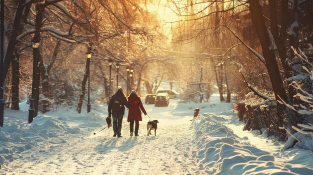 Photo experience the tranquility of a winter forest walk with dogs at sunset surrounded by snowy scenery