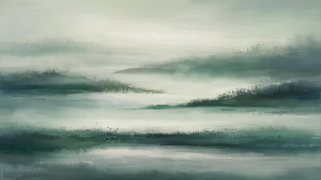 Photo experience tranquility with this abstract landscape painting where serene green hills merge with a misty atmosphere evoking peace and harmony