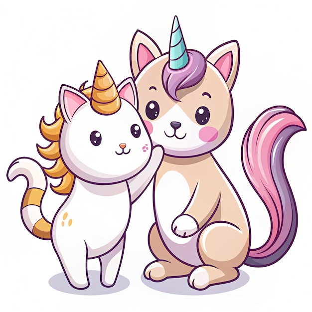 Experience whimsy and wonder with this charming cartoon vector icon of a cute cat playing with a unicorn