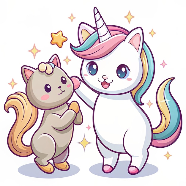 Experience whimsy and wonder with this charming cartoon vector icon of a cute cat playing with a unicorn