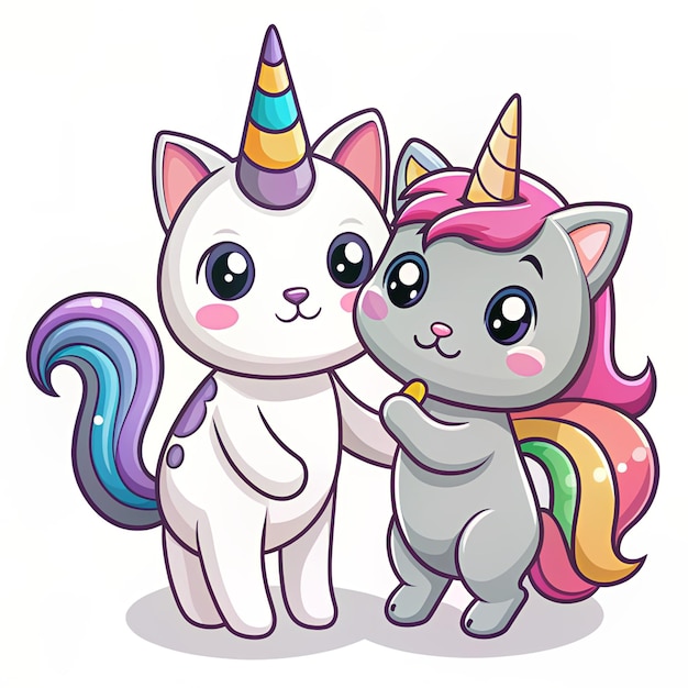 Experience whimsy and wonder with this charming cartoon vector icon of a cute cat playing with a unicorn