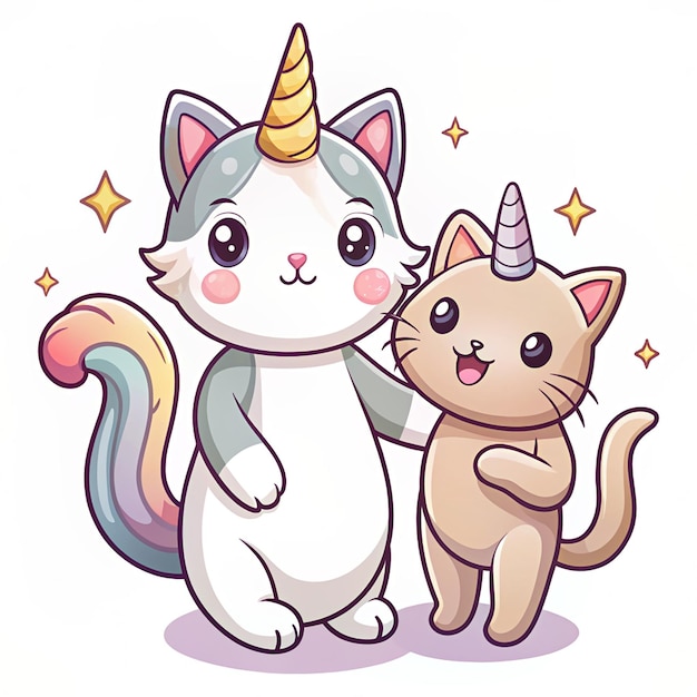 Experience whimsy and wonder with this charming cartoon vector icon of a cute cat playing with a unicorn