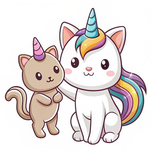 Experience whimsy and wonder with this charming cartoon vector icon of a cute cat playing with a unicorn