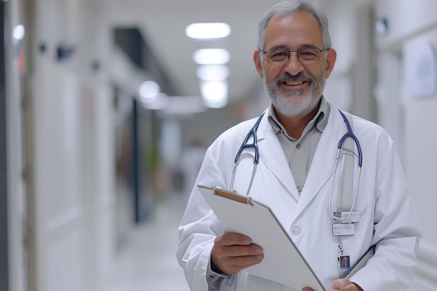 Experienced Doctor Smiling in Hospital Corridor with AI generated