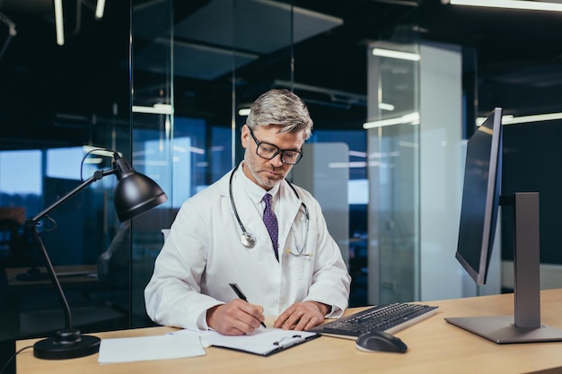 An experienced doctor works in a modern computer clinic a grayhaired man works remotely provides advice to patients online