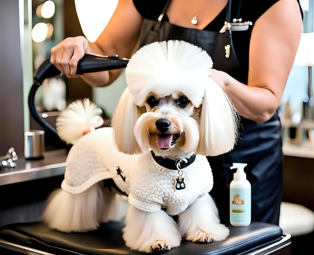 Photo experienced dog groomer works on a malteses poodleinspired hairstyle