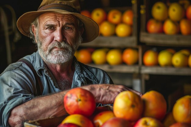 Experienced farmer carefully selects ripe tomatoes surrounded by the fruits of his labor in a rustic setting