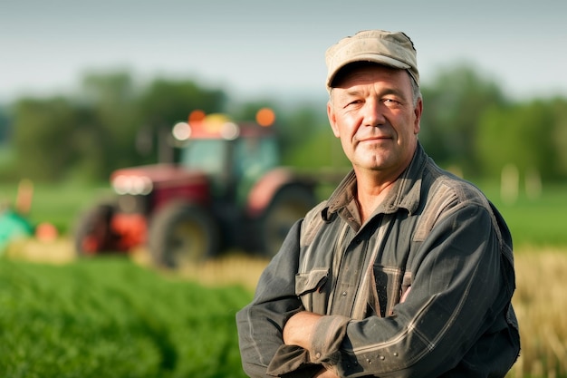 Photo experienced farmer in work clothes with a farm and agricultural machinery blurred in the background ar 32 stylize 50 v 6 job id e03062e9792a456ea2ffc20401a9a8ee