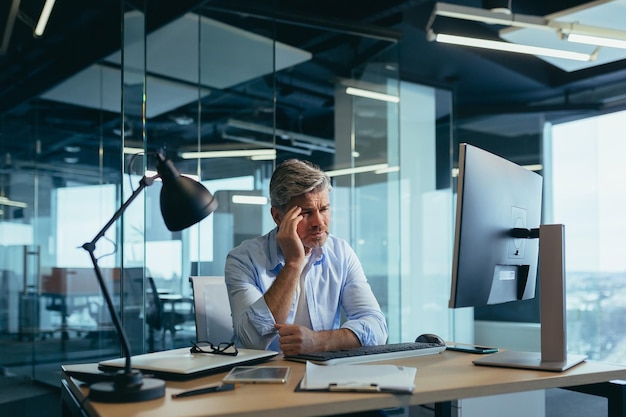 An experienced grayhaired businessman works at the computer until late tired has a severe headache stress and depression