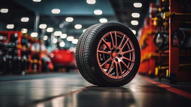 An experienced hard worker is holding a tire and he wants to change it in a tire shop focus on tires