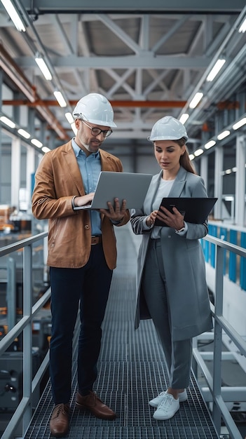 Photo experienced male and female engineers standing on a platform using laptop computer and discussing