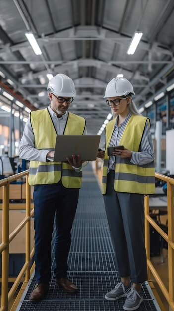 Photo experienced male and female engineers standing on a platform using laptop computer and discussing