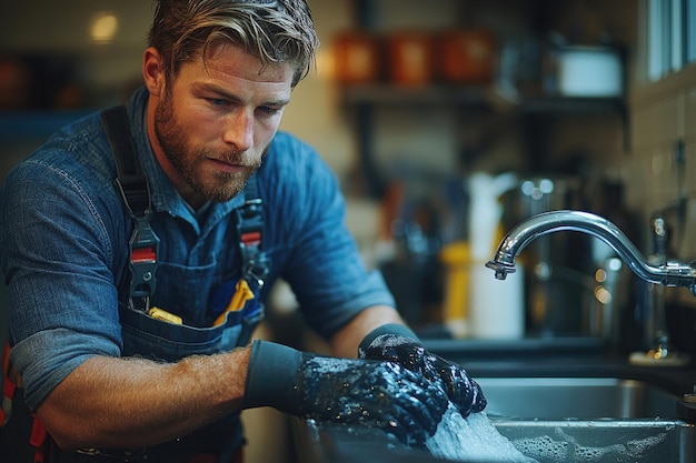 Photo experienced male plumber uses plunger to clear clogged kitchen sink and resolve plumbing issues