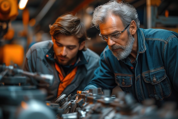 Photo experienced mechanic instructs apprentice on vehicle repair techniques