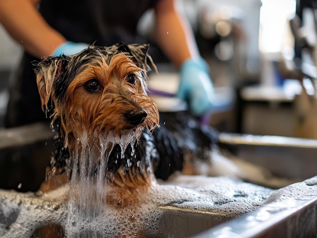 Photo experienced pet groomer washing adorable dog in a contemporary pet salon environment