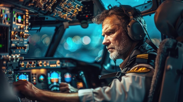 Photo experienced pilot in aircraft cockpit during nighttime flight professionalism and precision aig58