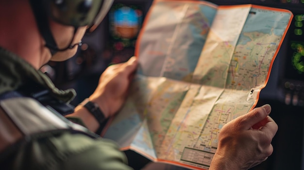 Photo experienced pilot holding flight map in cockpit