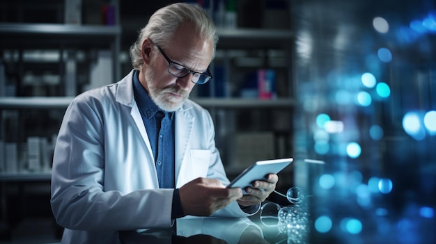 An experienced Senior male scientist uses a tablet computer in a modern hightech research laboratory Genetics microbiology pharmaceuticals Medicine biotechnology concepts