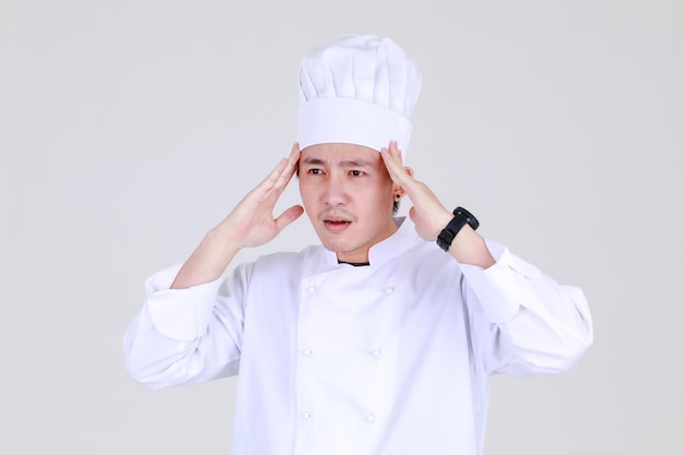 Experienced and smart chinese chef on elegant cooking uniform feel upset and worry unwell health of weak at kitchen as qualified expert of cuisine for luxurious dining