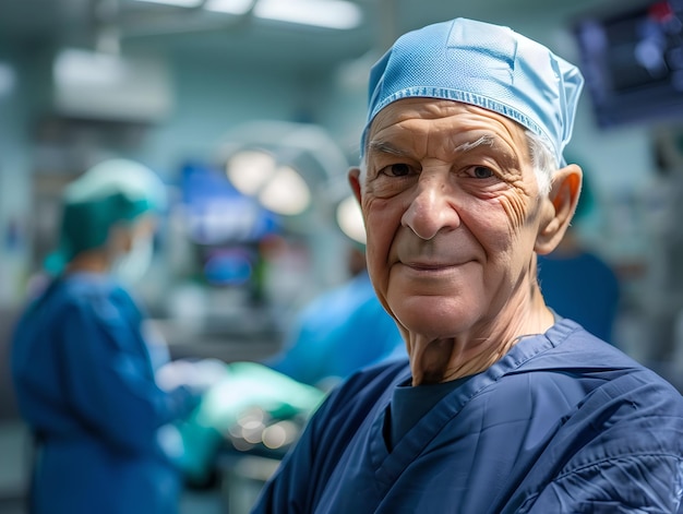 Experienced surgeon in blue scrubs stands confidently in an operating room Professional medical team working in the background Healthcare and expertise Generative AI