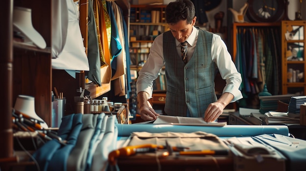 Experienced tailor meticulously measuring fabric in a traditional workshop