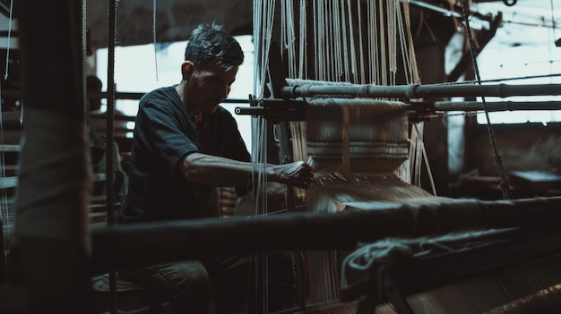 Photo an experienced weaver diligently operates a complex loom creating intricate patterns with focused expertise in a traditional dimly lit workshop