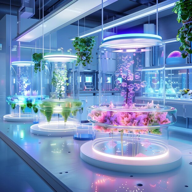 Experimental Bioengineered Plants in Futuristic Laboratory with Sleek Modern Architecture and Lighting