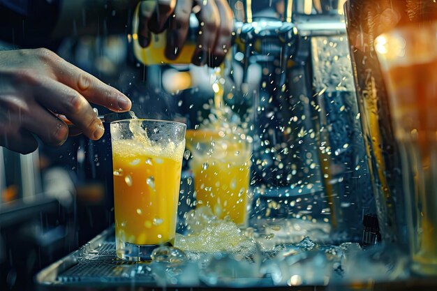 Photo expert barman is making cocktail with yellow juice at night club