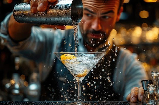 Photo expert bartender masterfully pouring a classic martini with precision and elegance