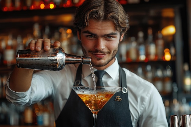 Photo expert bartender masterfully pouring a classic martini with precision and elegance