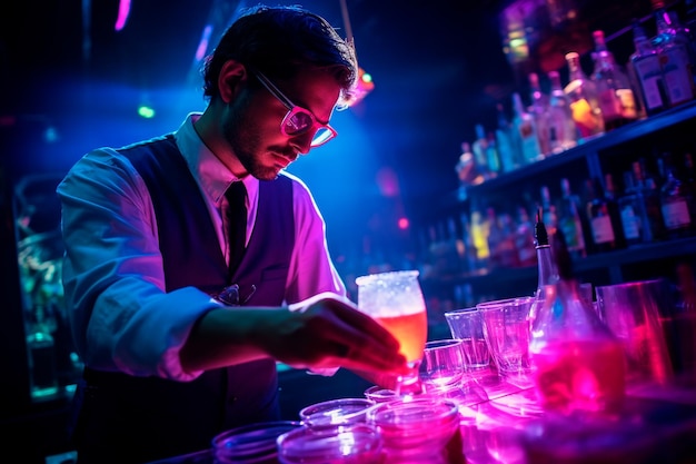 Expert bartman making cocktails in a disco