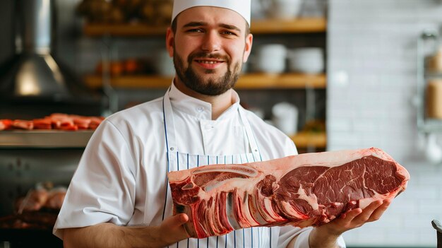 expert butcher showcasing a large piece of lamb