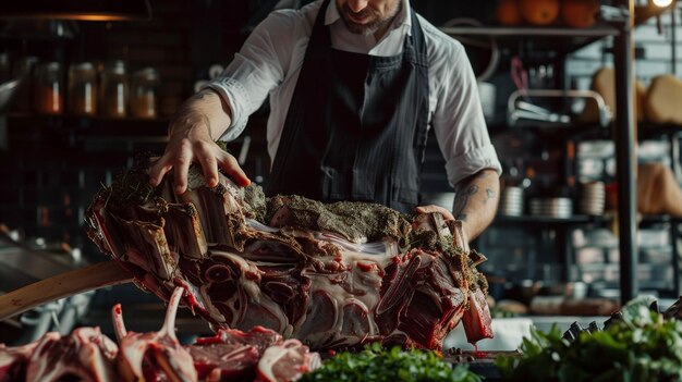 Photo expert butcher showcasing a large piece of lamb