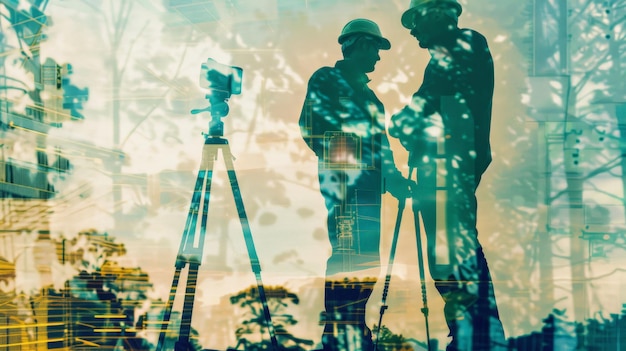 Expert coordination double exposure of a man surveying and a civil engineer harmonizing efforts for project efficiency